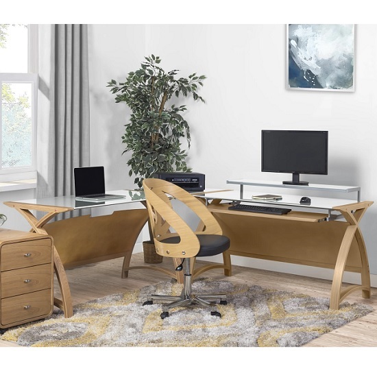 Modular Real Oak Wood Curve Corner Computer Desk_2