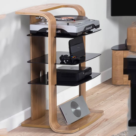 Read more about Curved hi-fi stand in oak veneer with glass shelves