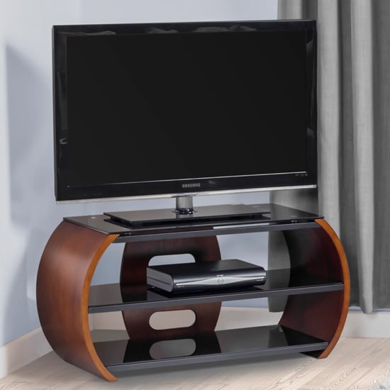 Product photograph of Curved Lcd Tv Stand In Black Glass Top And Walnut Veneer from Furniture in Fashion