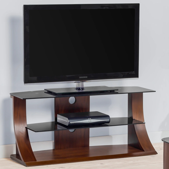 Product photograph of Curved Shape Plasma Tv Stand In Walnut With Black Glass from Furniture in Fashion