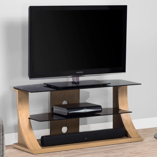 Curved Shape Wooden Tv Stand With Black Glass