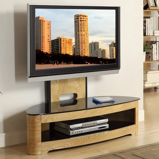 Photo of Curved wooden cantilever tv stand in oak veneer