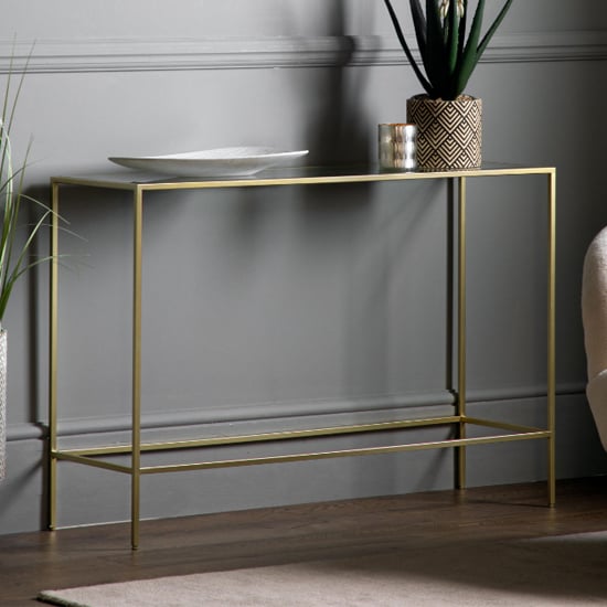 Photo of Custer clear glass console table with champagne metal frame