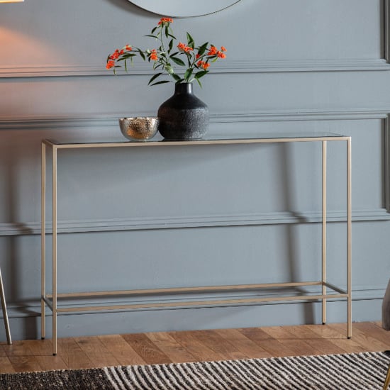 Product photograph of Custer Clear Glass Console Table With Silver Metal Frame from Furniture in Fashion