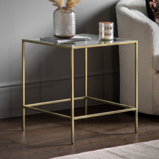 Product photograph of Custer Clear Glass Side Table With Champagne Metal Frame from Furniture in Fashion
