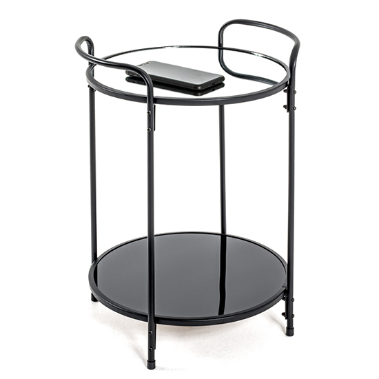 Photo of Cuyahoga round mirrored side table with black metal frame