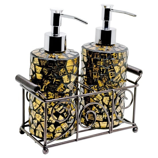 Product photograph of Orion Mosiac Glass Soap Dispensers In Gold With Basket from Furniture in Fashion