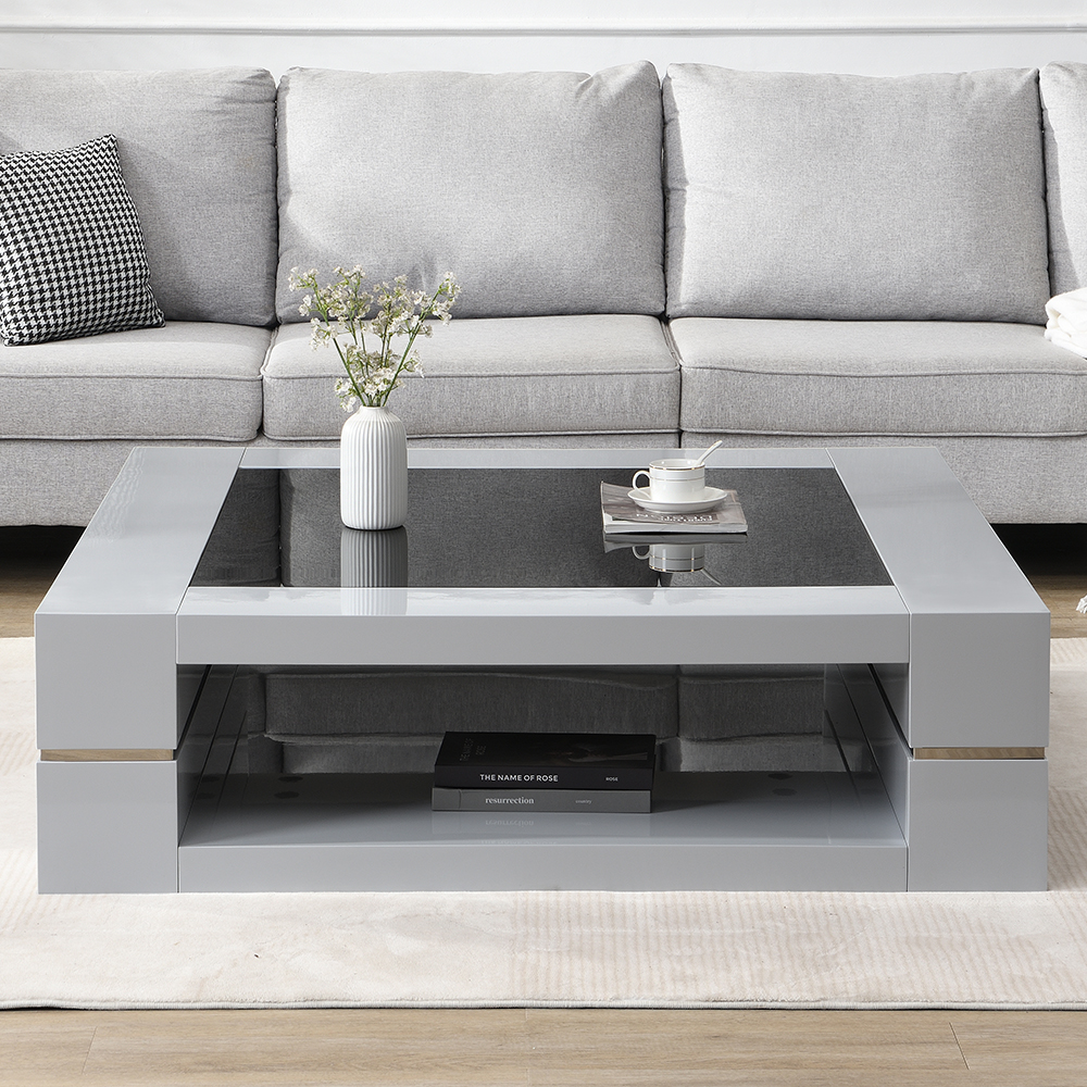 Cyndy High Gloss Coffee Table In Grey With Black Glass Top