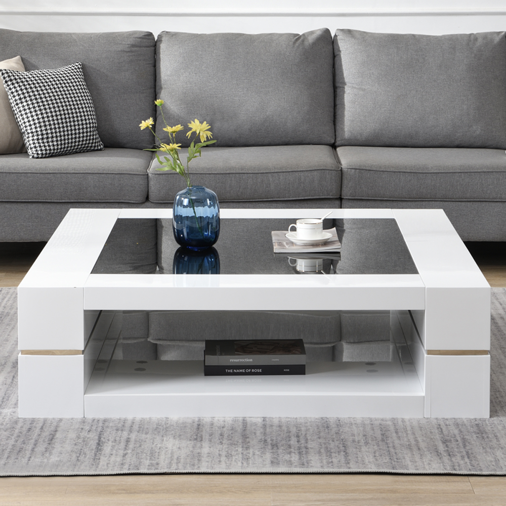 Cyndy High Gloss Coffee Table In White With Black Glass Top