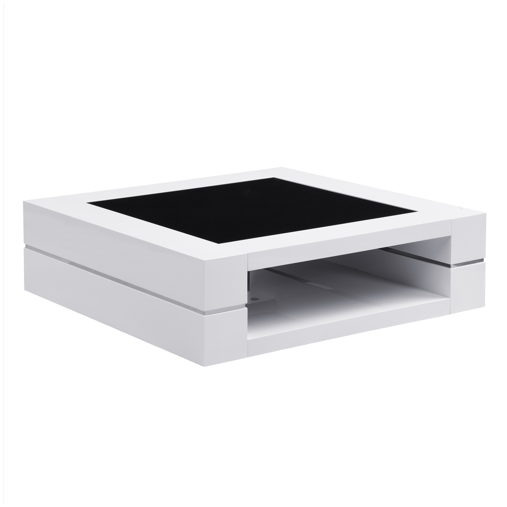 Cyndy High Gloss Coffee Table In White With Black Glass Top