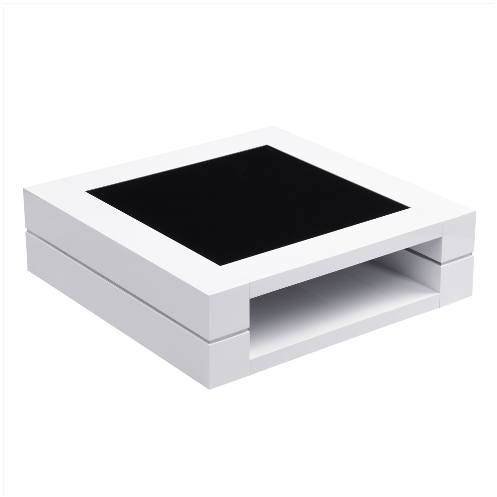 Cyndy High Gloss Coffee Table In White With Black Glass Top