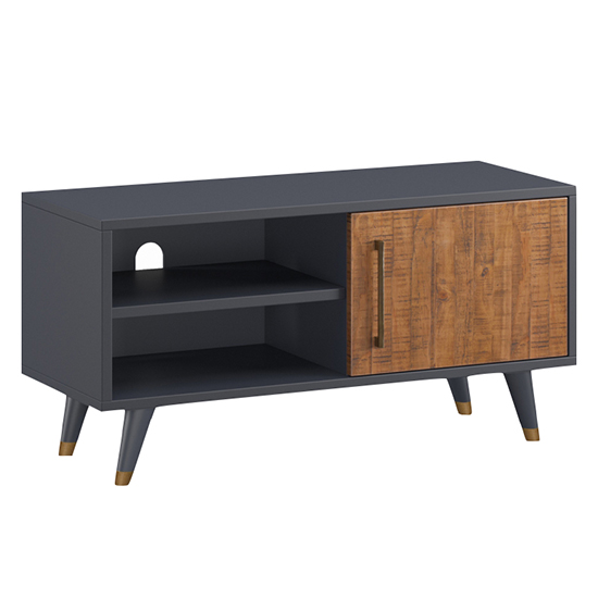 Cypre Wooden TV Stand In Pine And Cobalt Grey With 1 Door