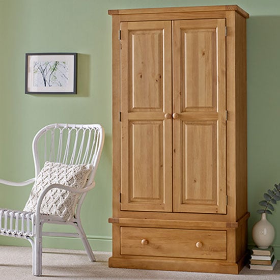 Cyprian Wooden Double Door Wardrobe In Chunky Pine With 1 Drawer