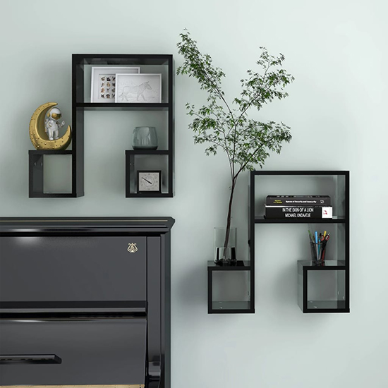 Dacre Set Of 2 Wooden Wall Shelf In Black Furniture in Fashion
