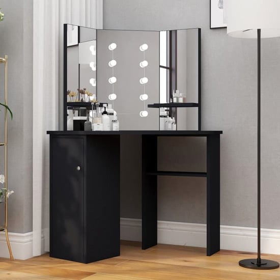 Photo of Dagna corner wooden dressing table in black with led lights