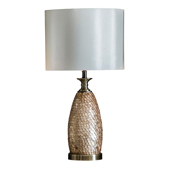 Photo of Dahlia ivory fabric shade table lamp in antique brass