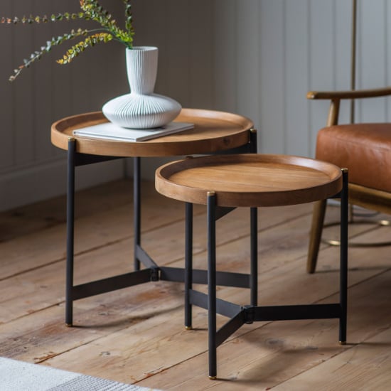 Product photograph of Dakala Round Wooden Nest Of 2 Tables With Black Metal Base from Furniture in Fashion