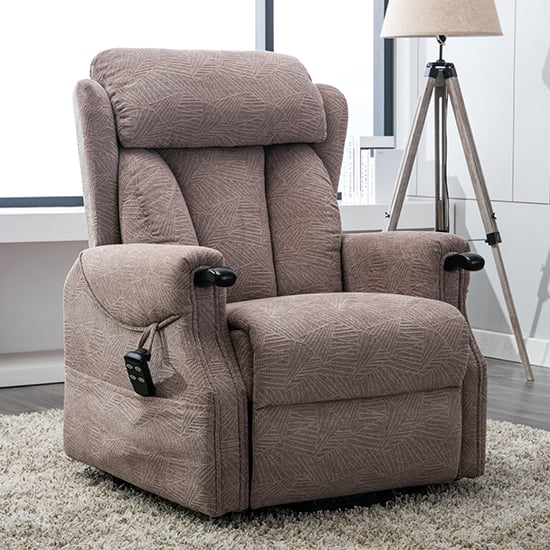 Product photograph of Dallas Fabric Riser Dual Motor Recliner Chair In Mocha from Furniture in Fashion