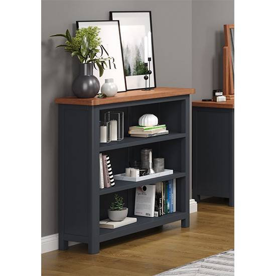 Dallon Low Wooden Bookcase In Midnight Blue Furniture in Fashion