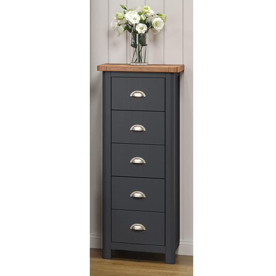 Dallon Narrow Wooden Chest Of 5 Drawers In Midnight Blue Furniture in