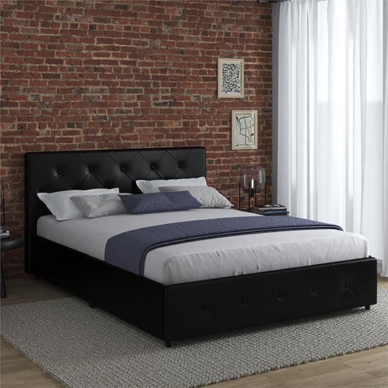 Product photograph of Dakotas Faux Leather Double Bed With Drawers In Black from Furniture in Fashion