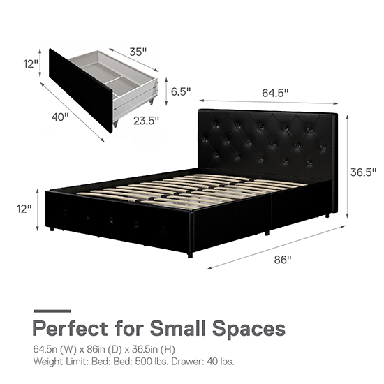 Dakotas Faux Leather King Size Bed With 4 Drawers In Black