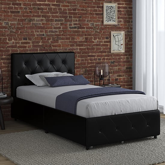 Photo of Dakotas faux leather single bed with drawers in black