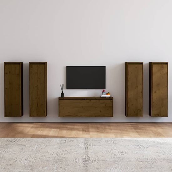 Product photograph of Danail Solid Pinewood Entertainment Unit In Honey Brown from Furniture in Fashion
