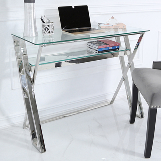 Product photograph of Dania Clear Glass Laptop Desk With Chrome Stainless Steel Frame from Furniture in Fashion