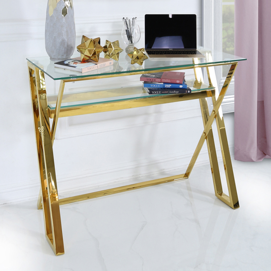 Product photograph of Dania Clear Glass Laptop Desk With Gold Stainless Steel Frame from Furniture in Fashion