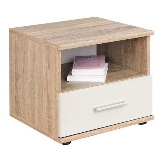 Product photograph of Dania Kids Bedside Cabinet In Matt White And Sonoma Oak from Furniture in Fashion