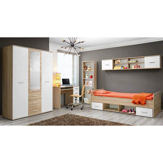 Dania Kids Single Bed Drawers In Matt White And Sonoma Oak