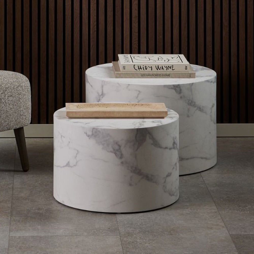 Dania Wooden Nesting Coffee Table In White Marble Effect