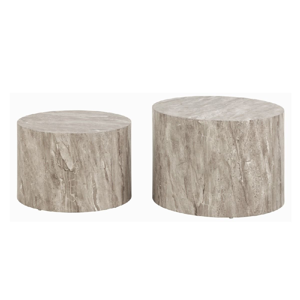 Dania Wooden Set Of 2 Coffee Table Round In Grey Marble Effect