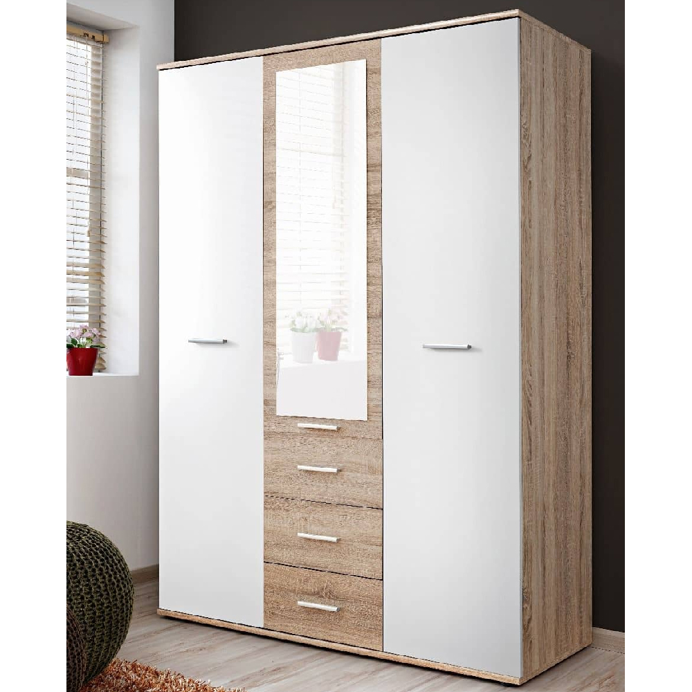 Dania Wooden Wardrobe With 3 Doors In Matt White And Oak