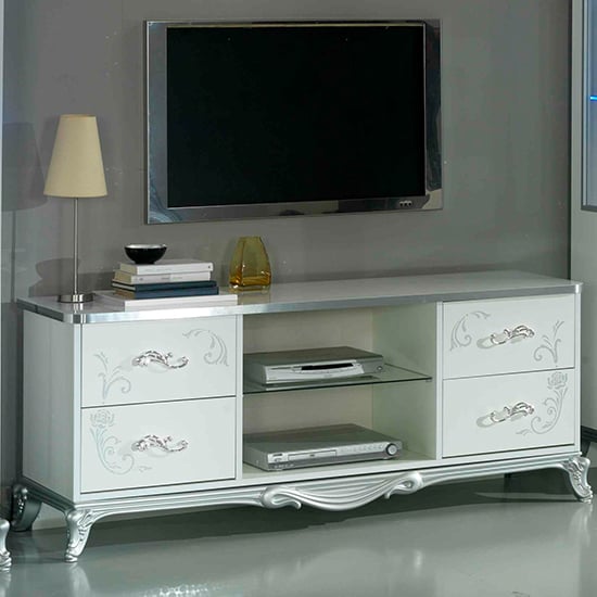 Daniela TV Stand In White High Gloss And Silver With 4 Drawers_1