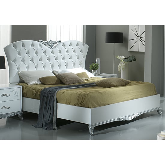 Daniela High Gloss Super King Size Bed In White And Silver