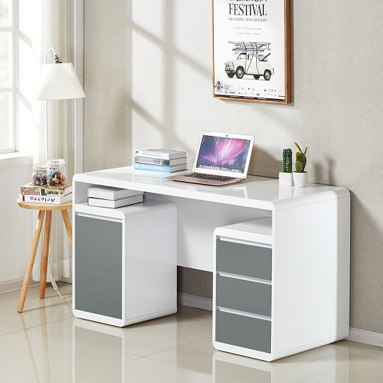 Floine Computer Desk In White And Grey High Gloss 31789 Floine Computer Desk In White And Grey High Gloss