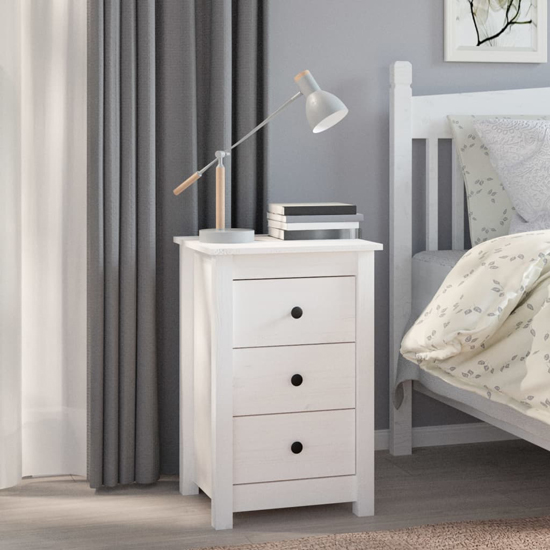 Read more about Danik pine wood bedside cabinet with 3 drawers in white