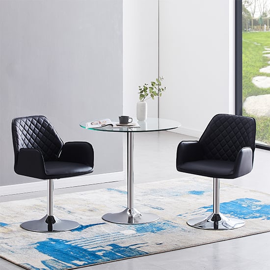 Read more about Dante clear glass dining table with 2 bucketeer black chairs