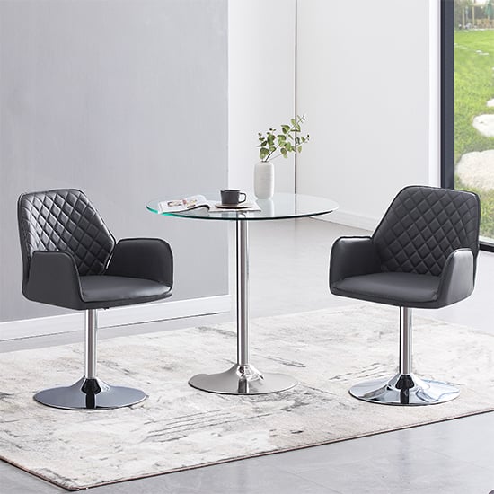 Read more about Dante clear glass dining table with 2 bucketeer grey chairs