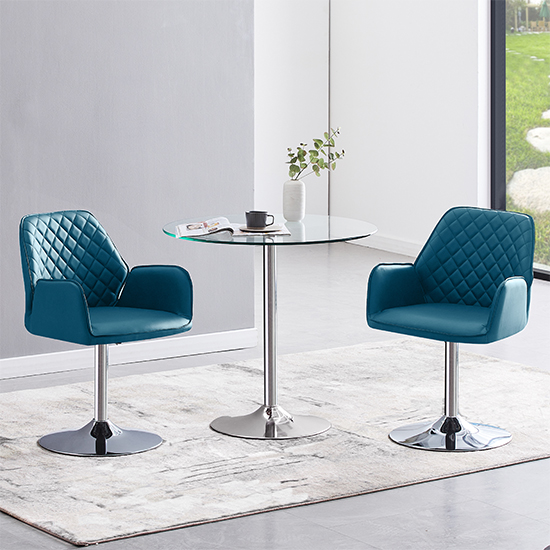 Dante Clear Glass Dining Table With 2 Bucketeer Teal Chairs