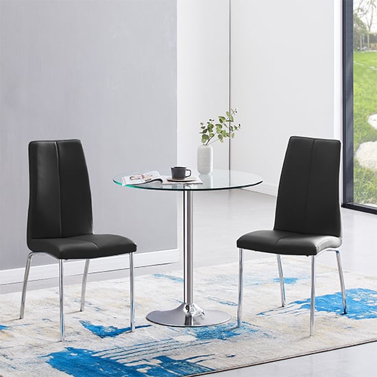 Read more about Dante clear glass dining table with 2 opal black chairs