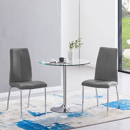 Photo of Dante clear glass dining table with 2 opal grey chairs