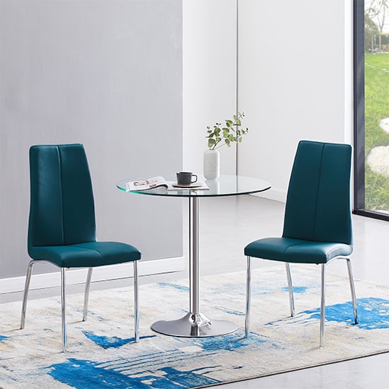 Product photograph of Dante Clear Glass Dining Table With 2 Opal Teal Chairs from Furniture in Fashion