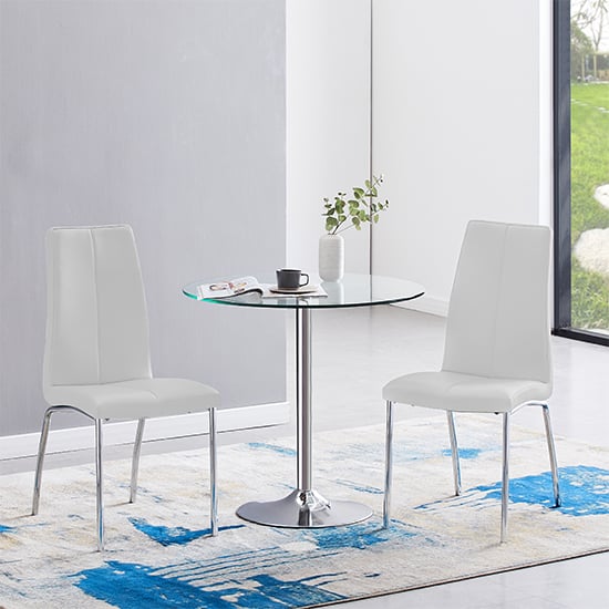 Read more about Dante clear glass dining table with 2 opal white chairs