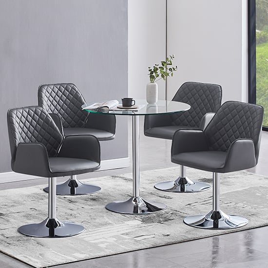 Read more about Dante clear glass dining table with 4 bucketeer grey chairs