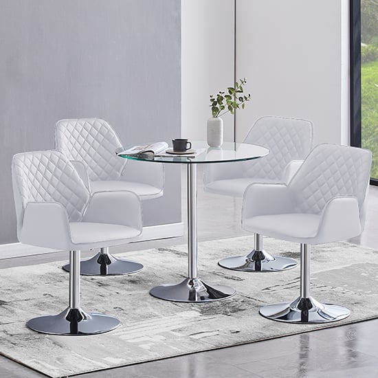 Read more about Dante clear glass dining table with 4 bucketeer white chairs