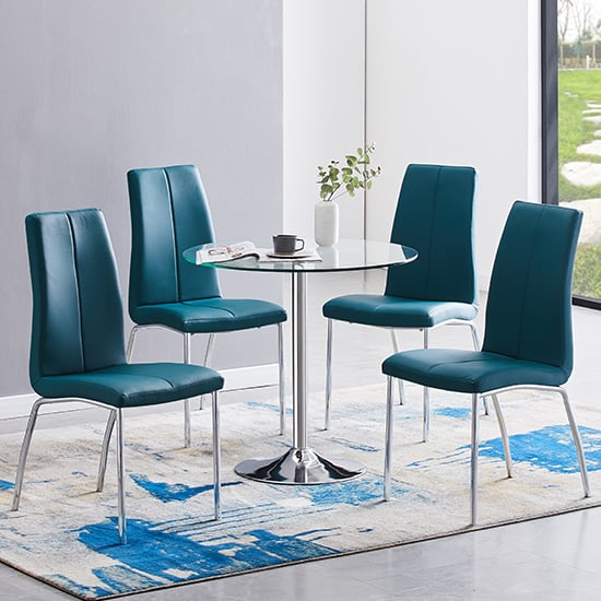 Photo of Dante clear glass dining table with 4 opal teal chairs