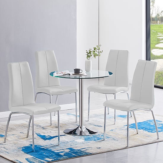 Photo of Dante clear glass dining table with 4 opal white chairs